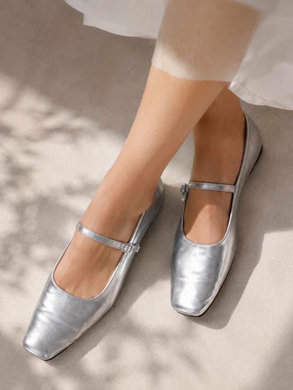 Peche • Judi Square-Toe Ballet Flats in Shiny Silver EUC